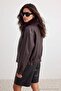 Brown Oversize Faux Leather Coat with Fur Lining and Collar Twoaw27Mo00045 - 6