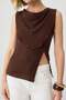 Brown Plain Fitted/Body-Fitting Notched Collar Sleeveless Textured Knitted Blouse Twoss26Bz00388 - 3