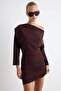 Kahverengi Bodycon/Vücuda Oturan Asimetrik Yaka Kısa / Mini Scuba Krep Örme Elbise TWOAW27EL00089 - 2