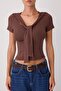 Brown Plain Fitted Halter Neck Short Soft Knitted T-Shirt Twoss26Ts00376 - 3