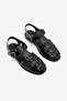 Women's Genuine Leather Ankle Strap Buckle Closed Front Striped Casual Sandals Talviro Black