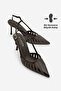 Women's Stiletto Pointed Toe Back Strap Ribbon Detailed Mesh Classic Heeled Shoes Sivon Brown