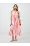 Pink Square Neck Patterned Linen Blend Midi Dress