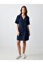 Navy Blue 100% Linen Short Sleeve Button Detailed Jacket Collar Mini Dress - 2