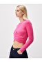 Pink Long Sleeve Crew Neck Crop Blouse - 2