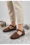 Women's First Brown Suede Flat Sole Sandals with Buckle Detail - 3
