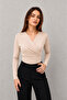 Women's Beige Double-Breasted V-Neck Sandy Long Sleeve Stylish Blouse 11 - 2