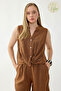 بلوزة من الكتان بنسبة 100% مع أزرار أمامية وربطة أمامية - 3