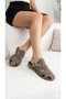 Women's Suede Belt Detailed Gold Buckle Flat Sole Closed Front Summer Comfortable Women's Slippers - 2
