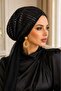 وشاح فستان سهرة أسود مزين بالترتر مع قبعة