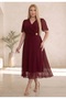 Women's Plus Size Short Sleeve Double-Breasted Collar Waist Brooch Detailed Chiffon Midi Evening Dress 26000 Claret Red - 2