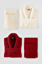 6 Piece Striped Bathrobe Set 100% Cotton Certified, Şalyaka Burgundy - Beige Color Bathrobe Set - 2