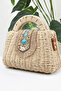 Emerald Stone Embellished Authentic Tassel Shoulder Strap Handle Metal Caged Lined Knitted Straw Bag