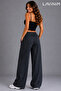 Linen Striped Women's Wide Leg Trousers with Pockets - 3
