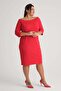 Women's Red Boat Neck Three Quarter Sleeve Plus Size Stretchy Crepe Dress - 4