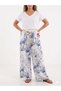 Women's White Italian Floral Patterned Straw Belted Wide Leg Linen Palazzo Trousers 38 - 44 Size