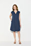 V-Neck Cotton Linen Dress - Navy Blue