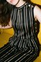 Flowy Fabric Gold Button Epaulette Striped Waist Elasticated Pants Sleeveless Neck Draped Matte Satin Crop Top Suit Set