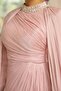 Yoryo Silk Hijab Evening Dress with Stone Collar Cape Detail Pudra 1247 - 4