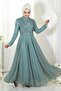 Stone Detailed Glittered Evening Dress with Draped Chest Mint 19188