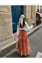 Women's Orange Ethnic Patterned Chiffon Long Maxi Skirt (Belt Included) - 3