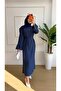 Navy Blue Striped Belted Hijab Dress - 3