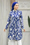 Patterned Navy Blue Hijab Viscose Tunic 11662L - 3