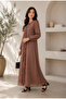 Abadi- Classic chiffon fully lined maxi dress with button down ruffles- Pale Brown - 3