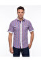 Men's Purple Striped Checkered Short Sleeve Cotton Shirt - Double Pocket Design