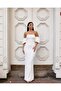 Flexible Scuba Fabric Strapless Draped Sleeve Stone and Tulle Detailed Evening Dress 583336 White - 2