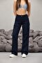 Navy Blue Cargo Pocket Lycra High Waist Wide Leg Trousers - 3