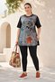Black Tunic Leggings Set Viscose Fabric Digital Printed Stone Detail Large Size C6008