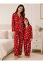 Mother-Daughter Pajama Set Cotton Fabric Suede Red Snowflake Patterned Piping Shirt Collar