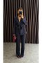 Women's Belted Blazer Jacket Trousers Suit Navy Blue