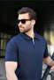 Navy Blue Half Zipper Detailed Polo Collar Men's T-Shirt E7184 - 4