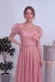 Women's Lace Detailed Balloon Sleeve Belted Midi Evening Dress Black, Navy Blue, Powder, Khaki, Gold, Burgundy - 2