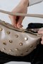 Beige Women's Bag with Half Moon Shape, Gold Accessories, Stitched Details, Stylish Handbag with Shoulder and Crossbody Straps - 8