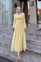Women's Pleated Waist Belted Tulle Detail Dress Yellow - 4