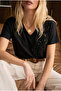 Women's Black Sequin and Bead Embroidered 100% Cotton T-Shirt - 2
