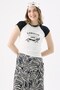 Crep Women's London 1998 Printed Raglan Sleeve Asymmetrical Cut Crop T-Shirt Cotton Ribbed Ecru Black - 8