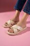 Spello Beige Wrinkled Patent Leather Flip-Flop Slippers with Cross Straps and Drop Accessories - 4