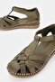 Women's Dark Green Genuine Leather 35-41-42 Size Strappy Flat Wedge Heel Side Open Sandals - 3