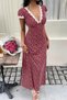 New Season Women's Short Sleeve Deep V Collar Lace Detailed Floral Patterned Long Single Jersey Dress - 3