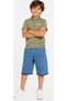 Boy's Polo Collar T-Shirt with Zipper Closure and Writing on the Collar, Denim Shorts, Green Color, Two-Piece Set - 2