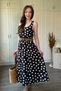 Polka Dot Midi Black Dress with Straw Belt Detail - 4