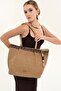 Women's Tan Leopard Detailed Straw Shoulder and Beach Bag