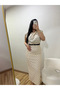 Cream-Colored, Black Polka-Dotted, Shoulder-Padded, Long Back-Slit Crepe Fabric Dress - 2