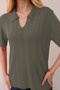 Polo V-Neck Short Sleeve Openwork Leaf Patterned Summer Fresh Airy Viscose Knitwear T-Shirt - 6
