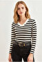 Women's Thick Striped Black V-Neck Soft Textured Crop Blouse Blz-19003344 - 2