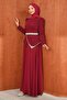 Burgundy Stone Detailed Belted Evening Dress - 4